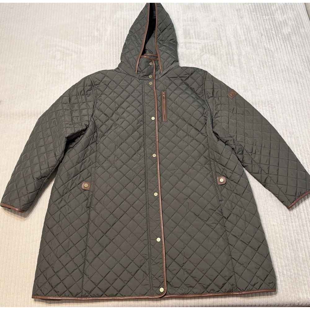 Lauren Ralph Lauren Quilted Coat Womens 3X Plus Green Hooded Horsebit Lined